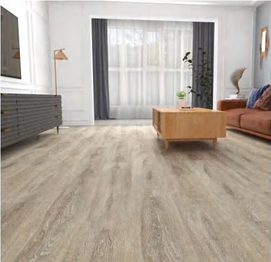 Sala com piso vinílico SPC em tom claro